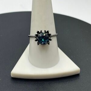 FJ Fragrant Jewels Black Sterling  Round Blue CZ Stone Spider Prong Ring Sz 9.5